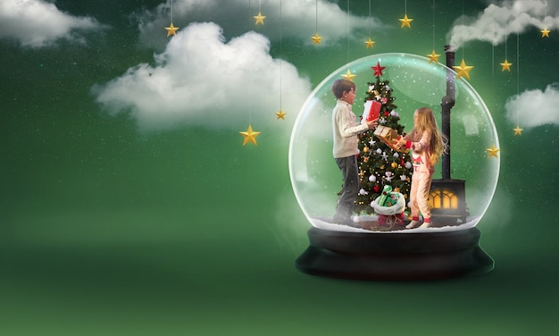 Christmas composition with xmas scene in snow globe