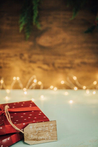 Christmas concept with gift box and string lights