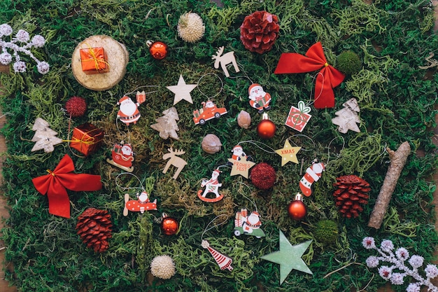 Christmas decoration on grass with small elements