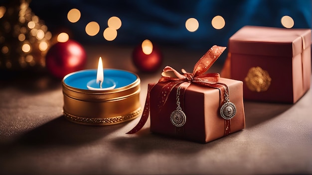 Free Photo christmas decoration with candle and gift box on bokeh background