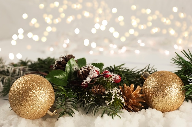 Christmas decorations nestled in snow