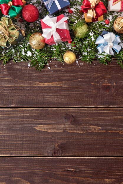 Christmas decorations on wooden background