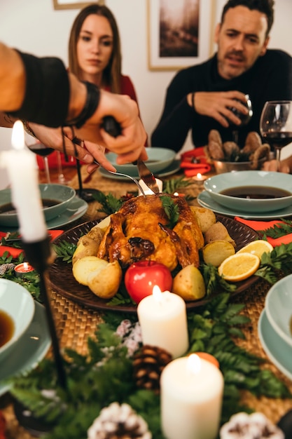 Christmas dinner with turkey on table