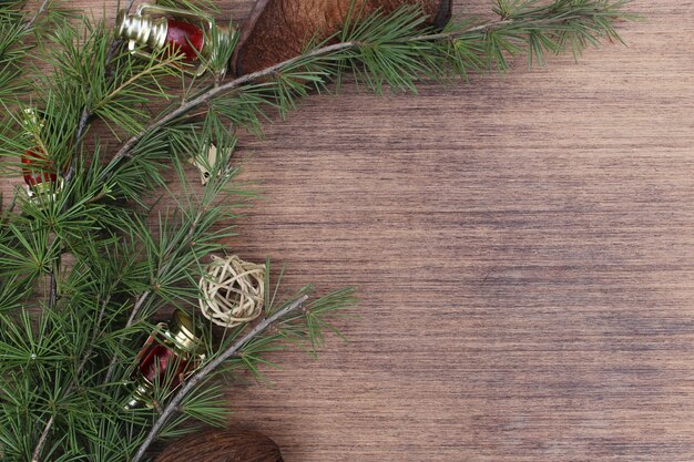 Christmas elements on wooden background