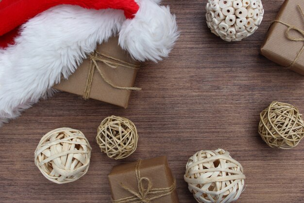 Christmas elements on wooden background