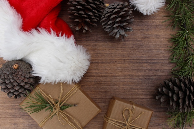 Christmas elements on wooden background