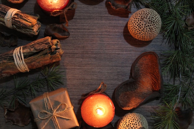 Christmas elements on wooden background