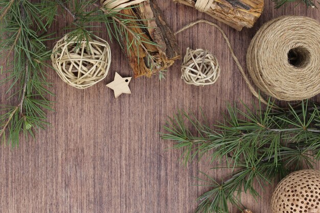 Christmas elements on wooden background