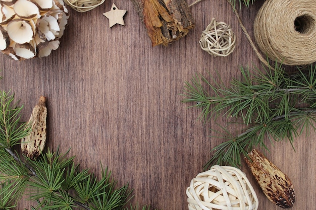 Christmas elements on wooden background