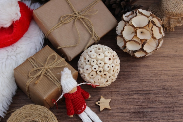 Christmas elements on wooden background