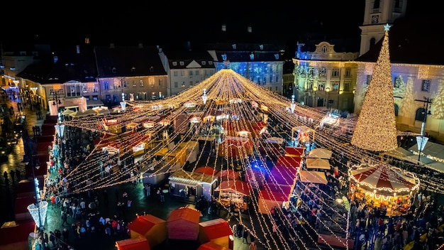 Christmas fair in Sibiu Romania View from top aerial