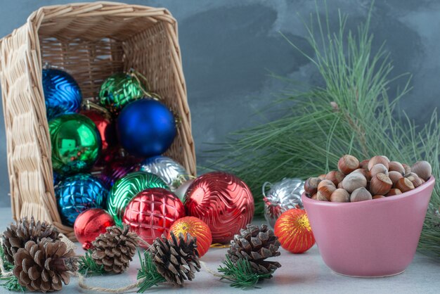 Christmas festive balls with pinecones and nuts. High quality photo