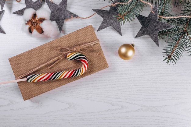 Christmas flat lay on wooden background