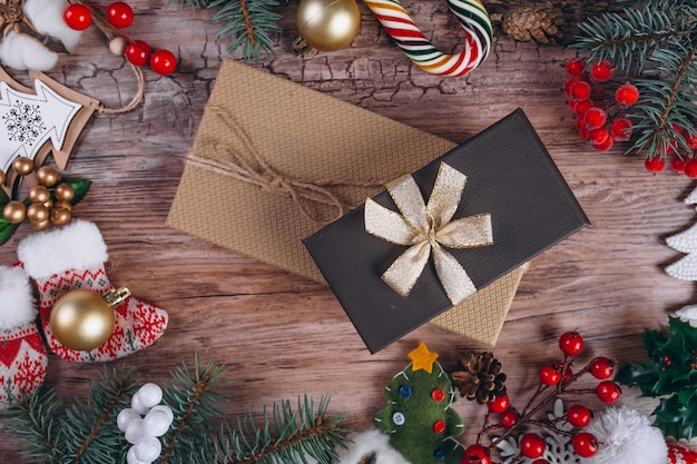 Christmas flat lay on wooden background