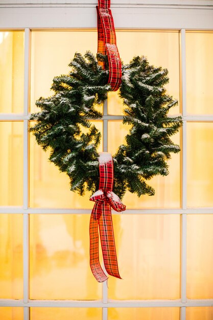 Christmas front door of a country house background.