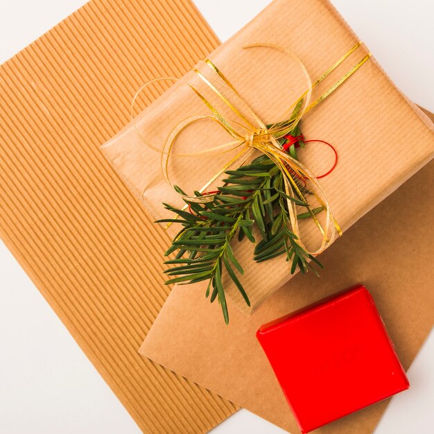 Christmas gift box with golden ribbon and fir branch