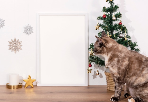 Christmas holiday greeting frame design mockup with decoration on wood table.