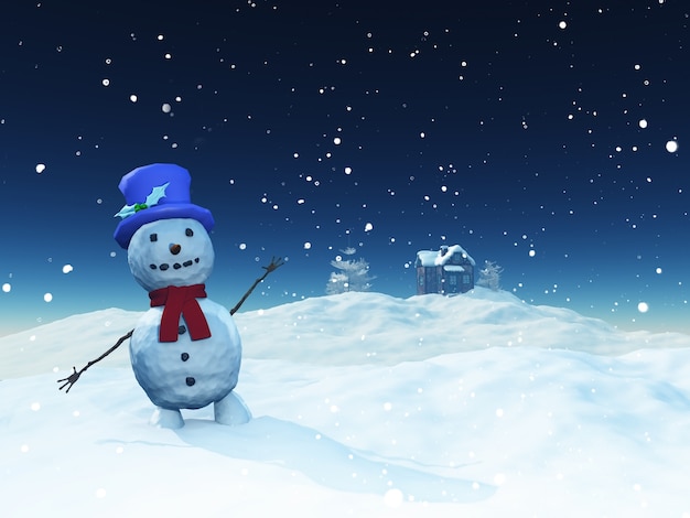 Christmas landscape with cute snowman