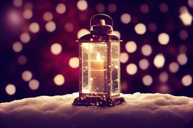 Free photo christmas lantern with fir branch and decoration on snowy table  defocused background generative ai