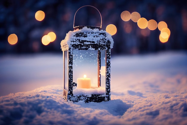 Free photo christmas lantern with fir branch and decoration on snowy table  defocused background generative ai