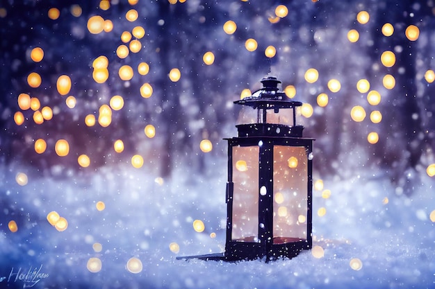 Free photo christmas lantern with fir branch and decoration on snowy table  defocused background generative ai