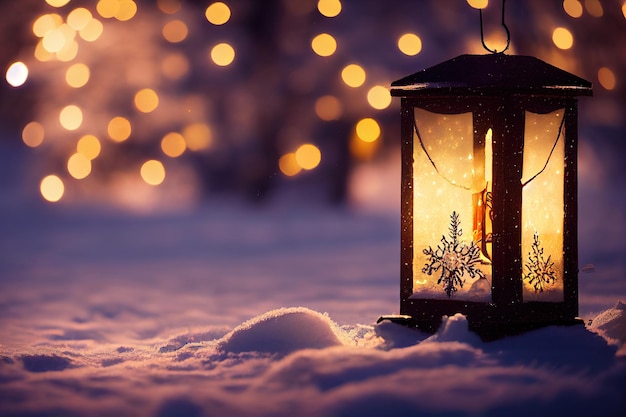 Christmas lantern with fir branch and decoration on snowy table  defocused background generative ai