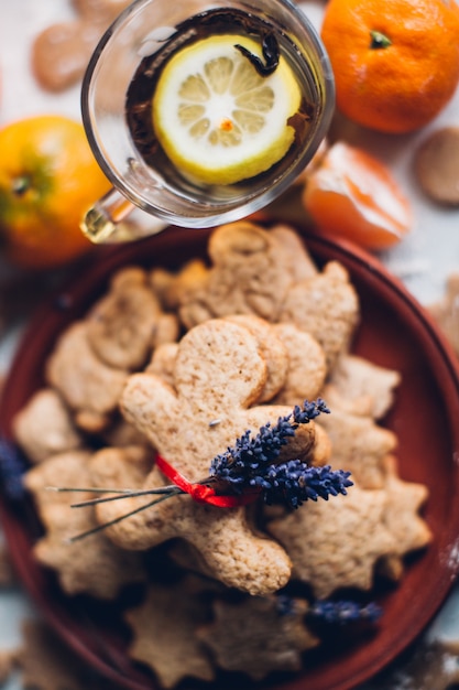 Christmas or new year gingerbread cookies on a plate