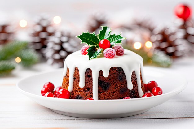 Christmas pudding fruit cake on christmas decoration backgroundTraditional festive dessert