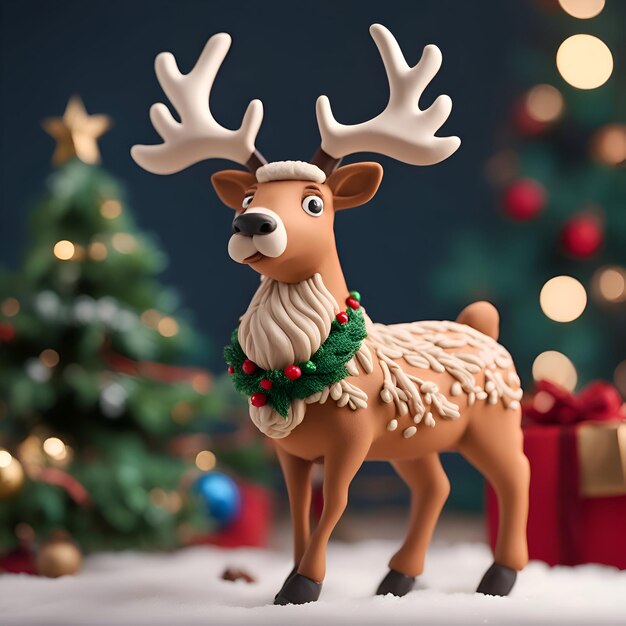 Christmas reindeer with Christmas tree on background 3d rendering