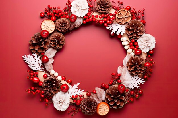 Christmas round frame made of natural winter things on red background Flat lay Copy space