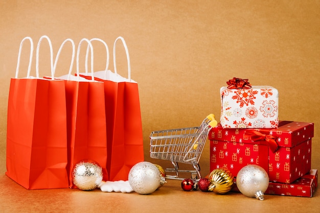 Christmas sales concept with bags and gift boxes