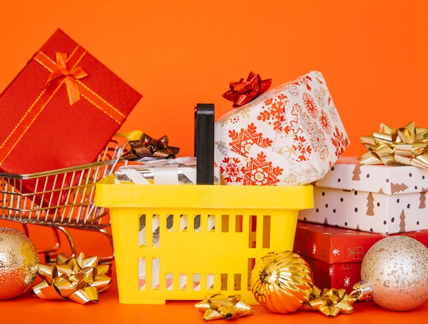 Christmas shopping composition with basket