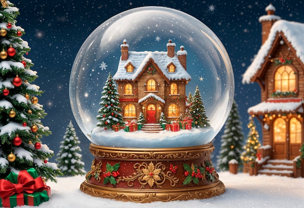 Christmas snow globe with ginger house  illustration