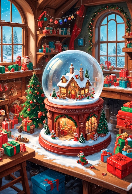 Free photo christmas snow globe with ginger house  illustration