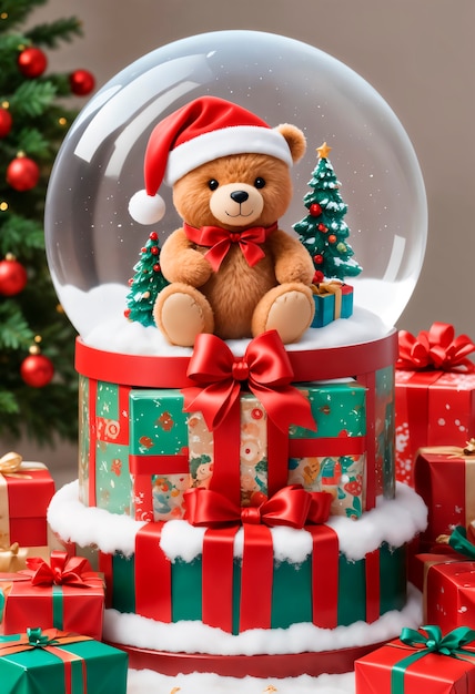 Free Photo christmas snow globe with teddy bear illustration