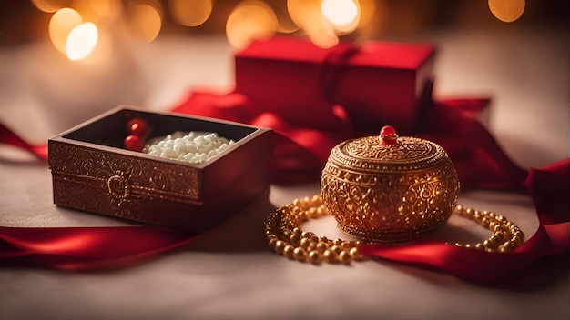 Free photo christmas still life with golden jewelry box and red ribbon on a bokeh background