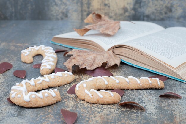 Christmas sweet cookie with leaf and book on marble table