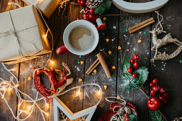 Christmas table with coffee top view