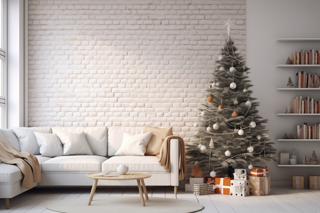 Christmas tree and couch in living room