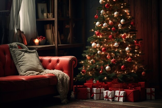 Christmas tree and couch in living room