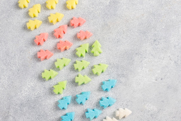 Christmas tree shaped colorful sugars.