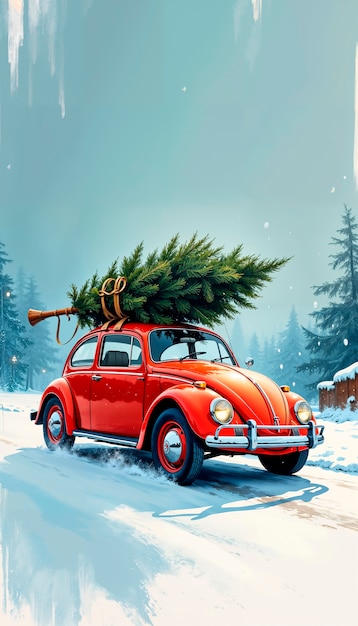 Free photo christmas tree on top of car illustration