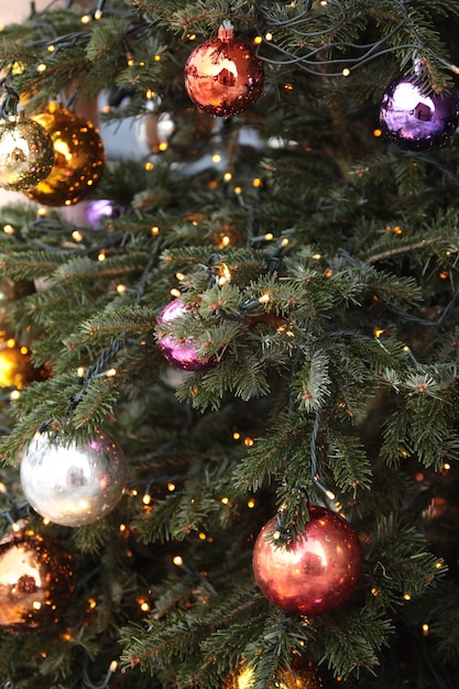 Christmas tree with beautiful decorative balls and lights