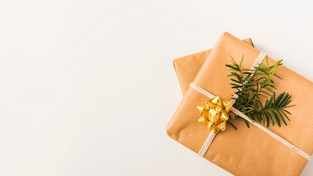 Christmas wrapped gifts with fir branch and golden bow