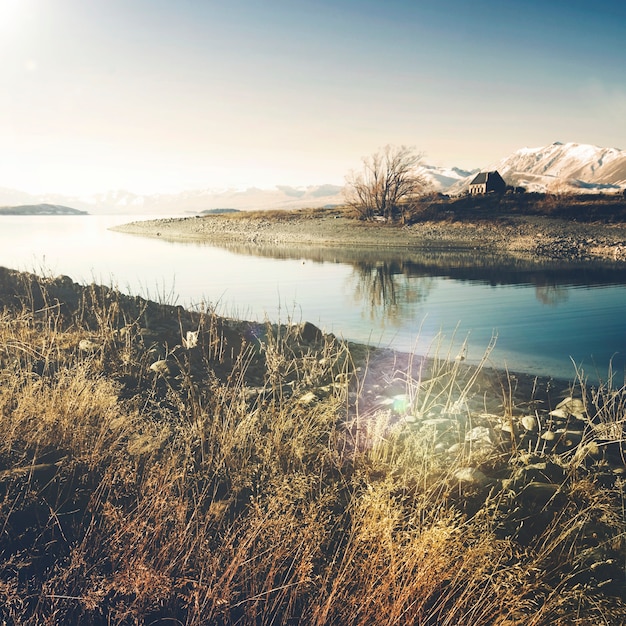 Church of the Good Shepherd and Lake, Mackenzie Country, Canterbury, New Zealand.