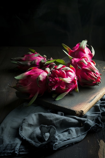 Free photo cinematic dark style dragon fruit or pitahaya still life