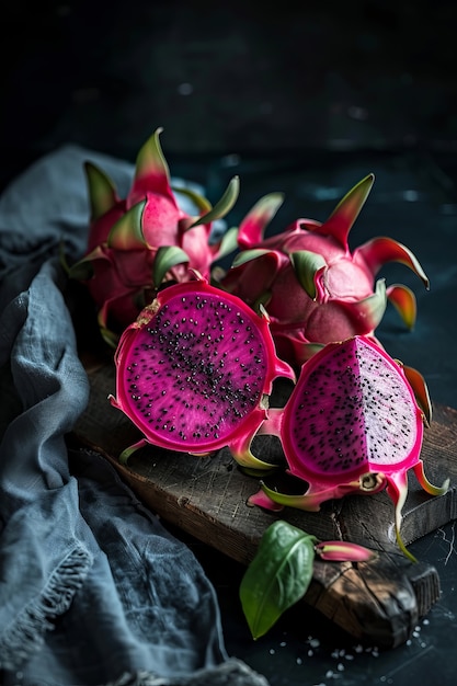 Free photo cinematic dark style dragon fruit or pitahaya still life