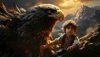 Free photo cinematic eagle and a little boy background