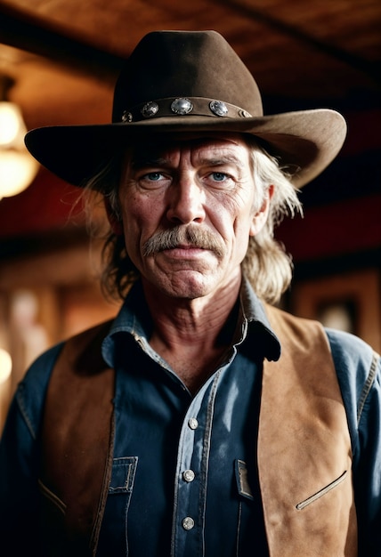 Cinematic portrait of american cowboy in the west with hat