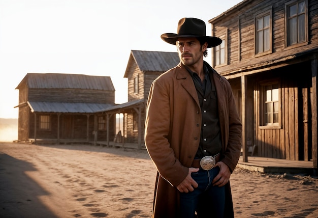 Cinematic portrait of american cowboy in the west with hat